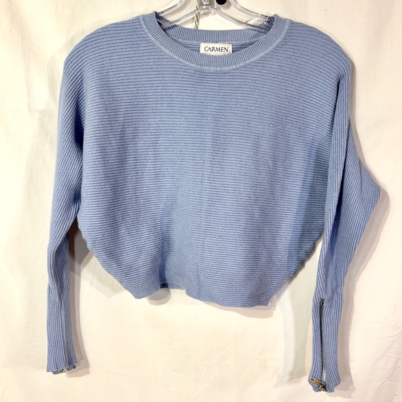 Carmen Marc Valvo Blue Crew Neck Ribbed Womens Sweater with Dolman Zipper Sleeve - Picture 1 of 5